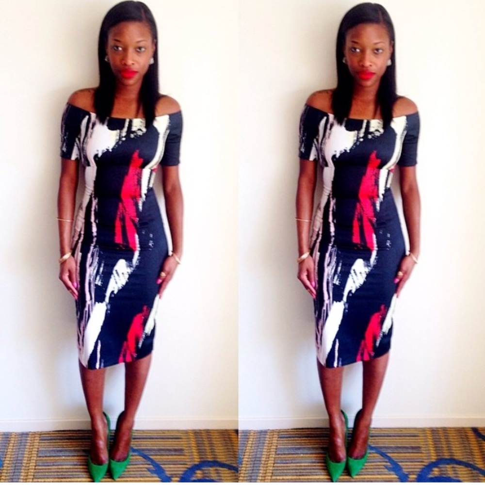 Black, Red & White Off Shoulder Midi-Dress